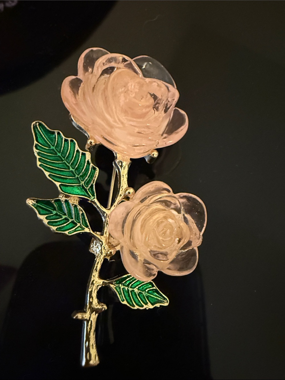 Pink Rose Stem Brooch with Green Leaves - Women's Jewelry